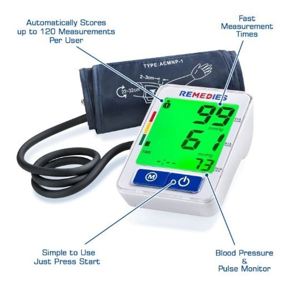 Remendies Automatic Blood Pressure Monitor 3 Color Changing Lights Fast Reading